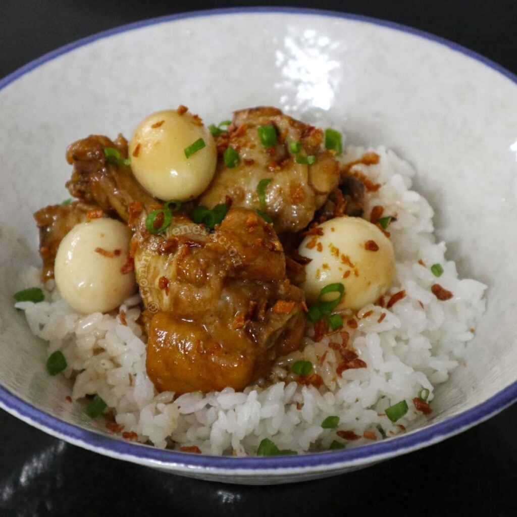 Chicken wings and quail eggs adobo