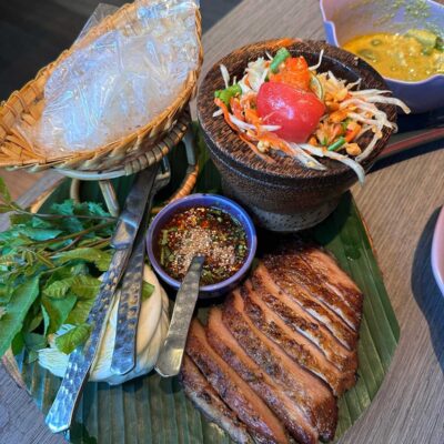 grilled pork neck and sticky rice at Nara Bangkok