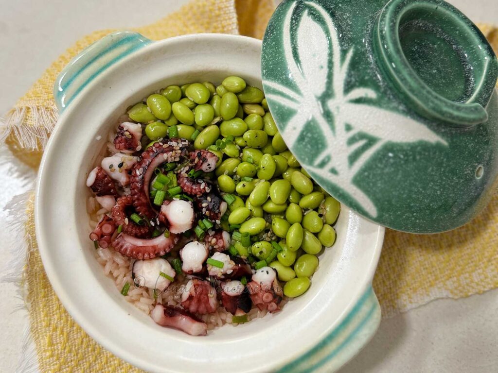 Claypot octopus and edamame rice