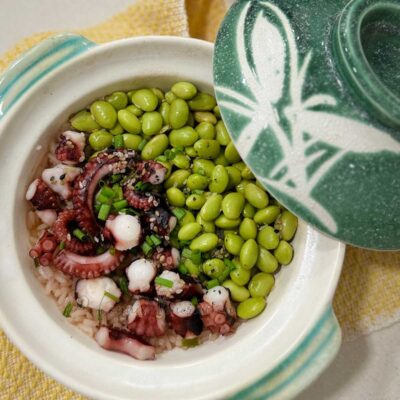 Claypot octopus and edamame rice