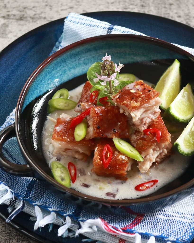 Crispy pork belly with coconut cream and chilies