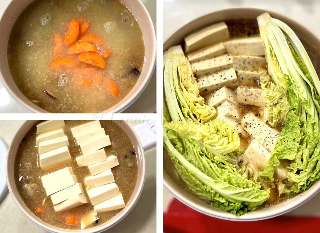 Cooking Pork, tofu and dumpling soup in a rice cooker