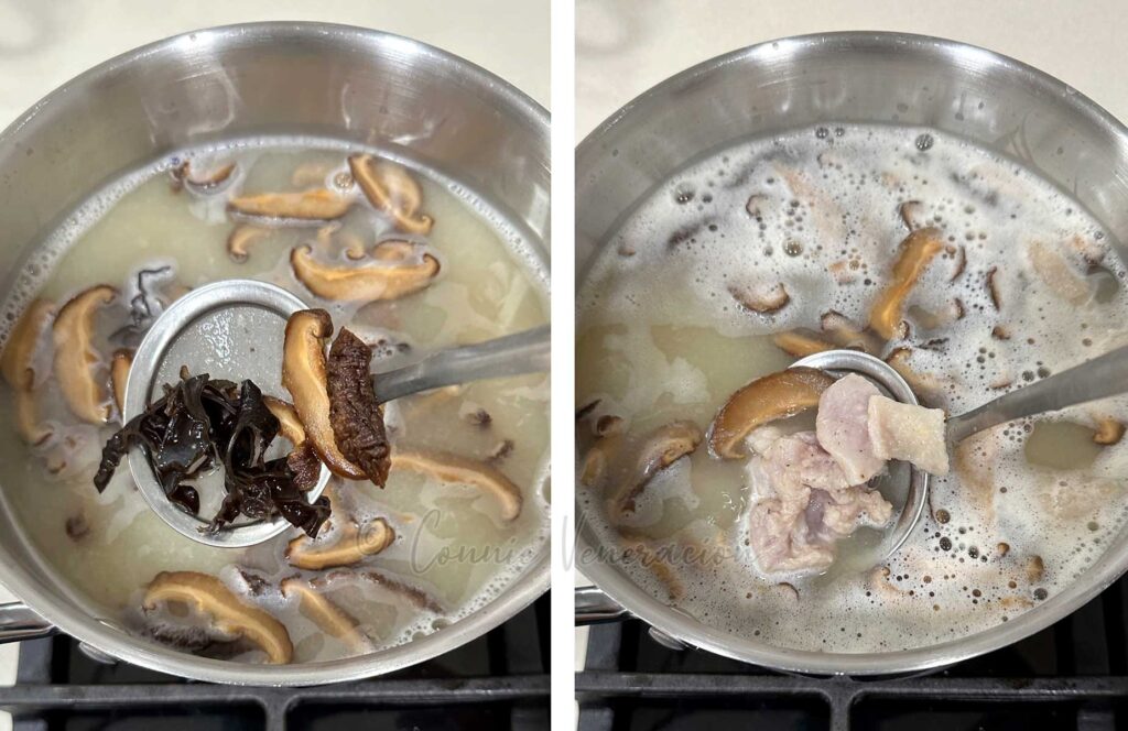 Cooking Velveted chicken, mushrooms and wakame soup