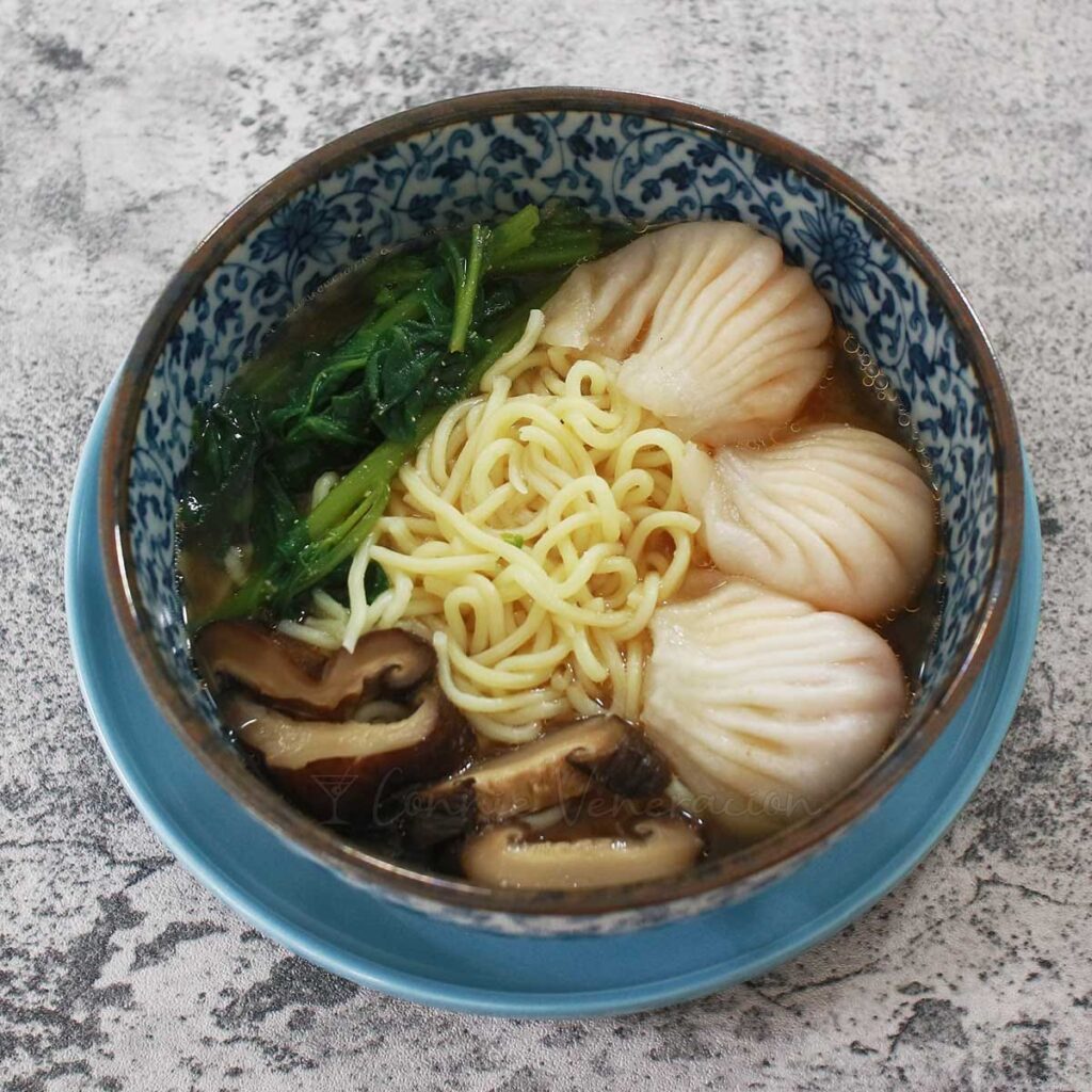 Miso ramen with shrimp wonton and shiitake