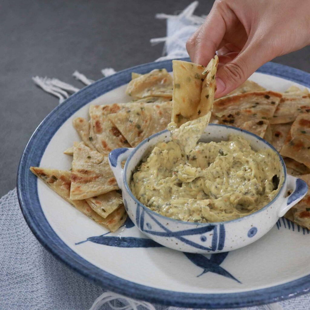 Snack attack: toasted flatbread with cheese dip