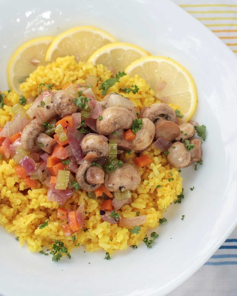 Lemon garlic mushrooms over mock saffron rice